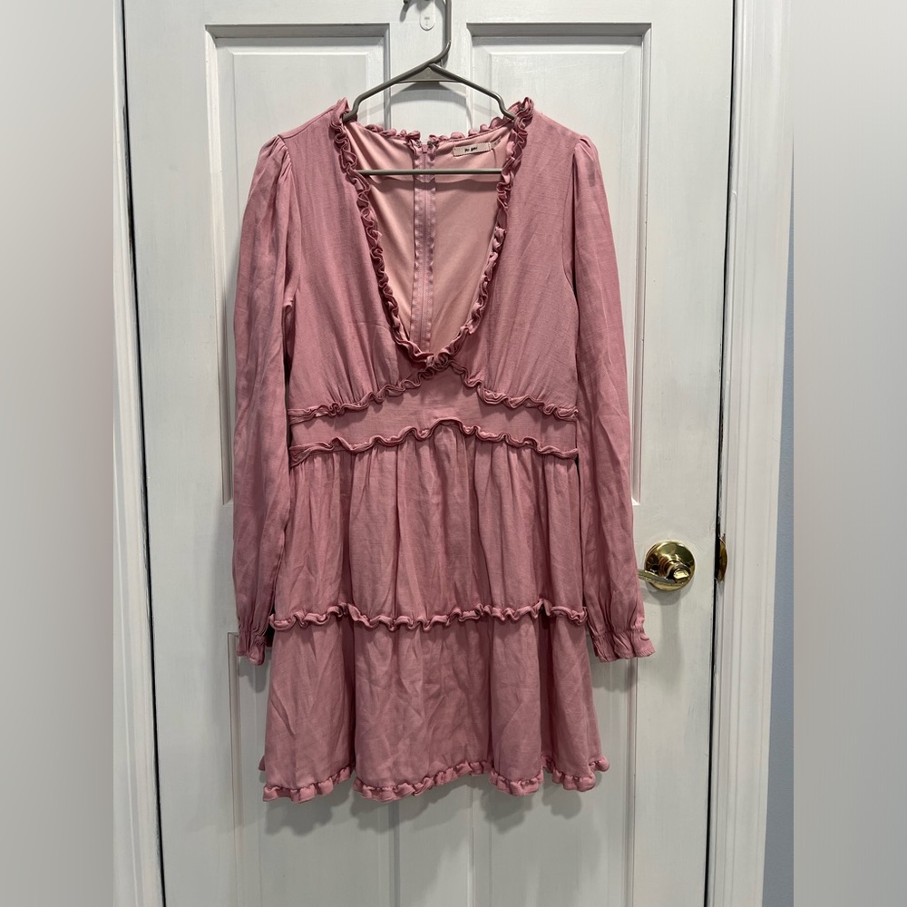 MI AMI Rose Pink Ruffle Flare Long Sleeve Mini Dress Women’s Size XL Pre Loved